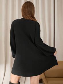 Auralis 大码女装秋冬时尚休闲宽松舒适日常蝴蝶结纹理面料黑色长袖短款连衣裙，秋季服装，曲线可爱连衣裙