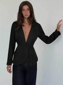 Aloruh 秋冬女士时尚纯色深V领西装外套 - 黑色 - 查看 7