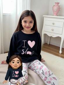 2pcs Girls Casual Comfortable Pajama Set With Pink Heart & Eyelash Print, Long Pants And Long Sleeve Kawaii Pajamas Fall Winter - Multicolor - View 4