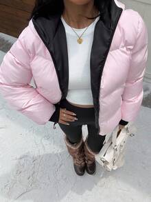 Muchica Casual Streetwear Pink And Black Hooded Padded Coat, Autumn/Winter, New Year Travel - Pink - View 9