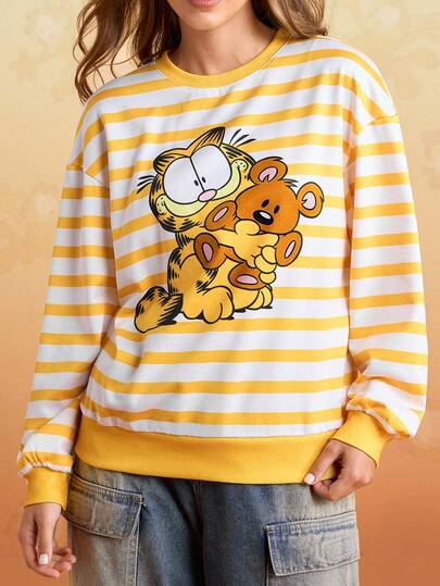 GARFIELD | SHEIN Sudadera casual de mujer con cuello redondo, estampado de gato de dibujos animados a rayas, otoño