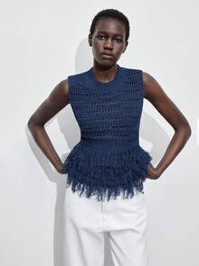 Maija 女士圆领无袖流苏下摆镂空针织上衣，波西米亚风格，适合海滩、海岛度假、音乐节、乡村郊游、派对等场合穿着。 - 藍色 - 查看 8