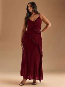 SHEIN BAE Đầm maxi cổ yếm in hoa họa tiết da báo thời trang mùa hè thanh lịch dành cho nữ cỡ lớn, thích hợp cho các buổi hòa nhạc, đi làm tốt nghiệp - Màu Đỏ Sâu - Xem 2