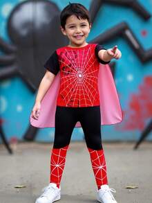SHEIN 2 件套年轻男孩蜘蛛角色扮演服装，包括短袖连体衣和斗篷，适合角色扮演表演和活动