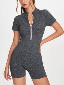 SHEIN Sports 短袖连体裤/白色拉链拼色/立领瑜伽服/修身款，适合跑步/普拉提和健身房锻炼/轻盈、有弹性、舒适/多功能 - 黑色 - 查看 5