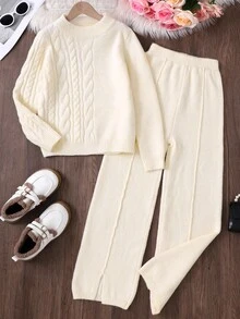 SHEIN Explorewe 青少年女孩针织纹理长袖毛衣和开衩裤休闲家居服套装 - 白色 - 查看 9