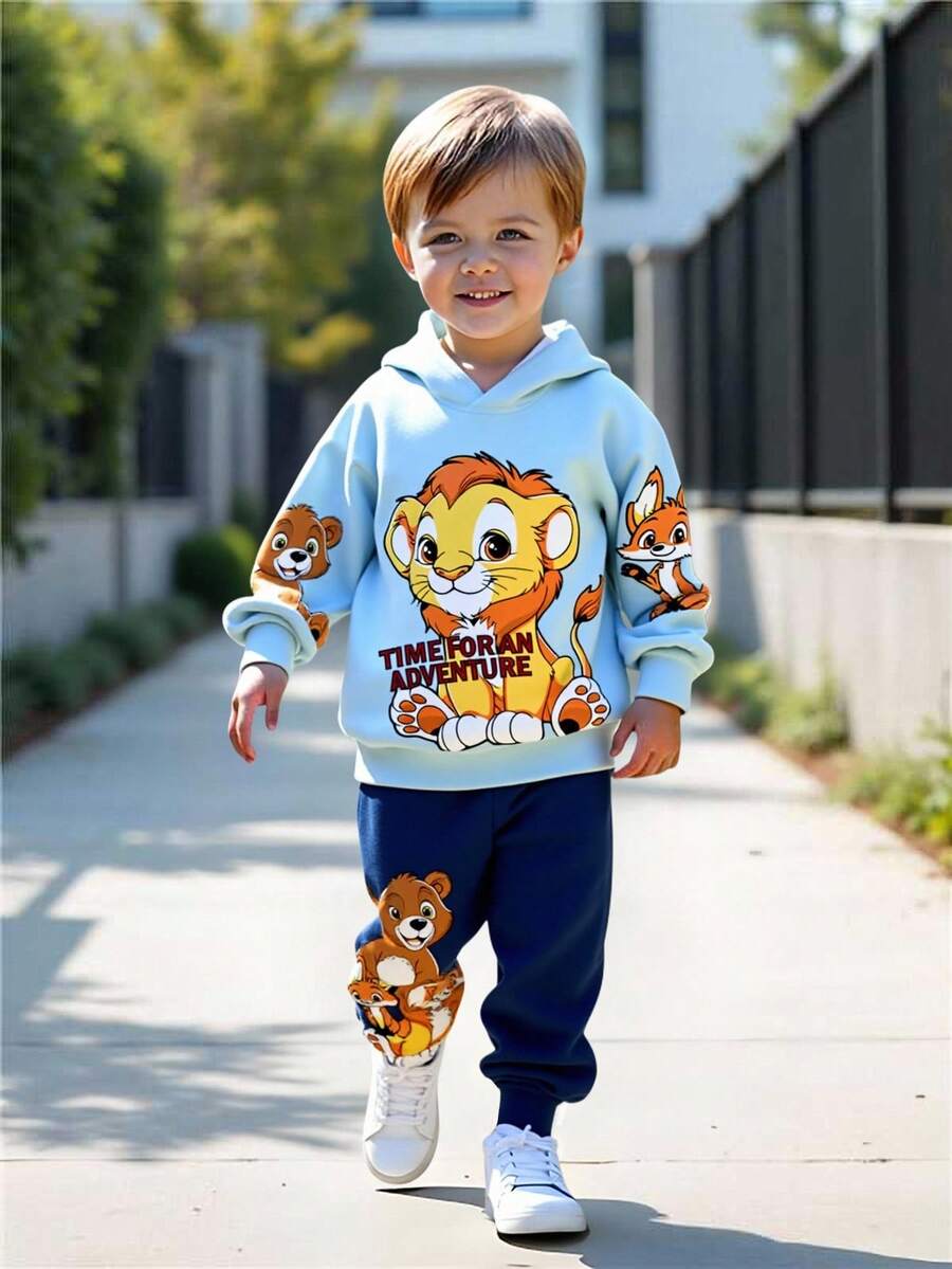 SHEIN 2 件套年轻男孩休闲简约恐龙和英文字母图案连帽运动衫,舒适宽松,适合秋冬季 - 彩色 - 查看 1