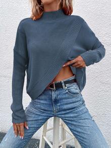 EMERY ROSE Women's Solid Color Stand Collar Long Sleeve Asymmetric Hem Casual Pullover Sweater, Autumn/Winter - Blue - View 6