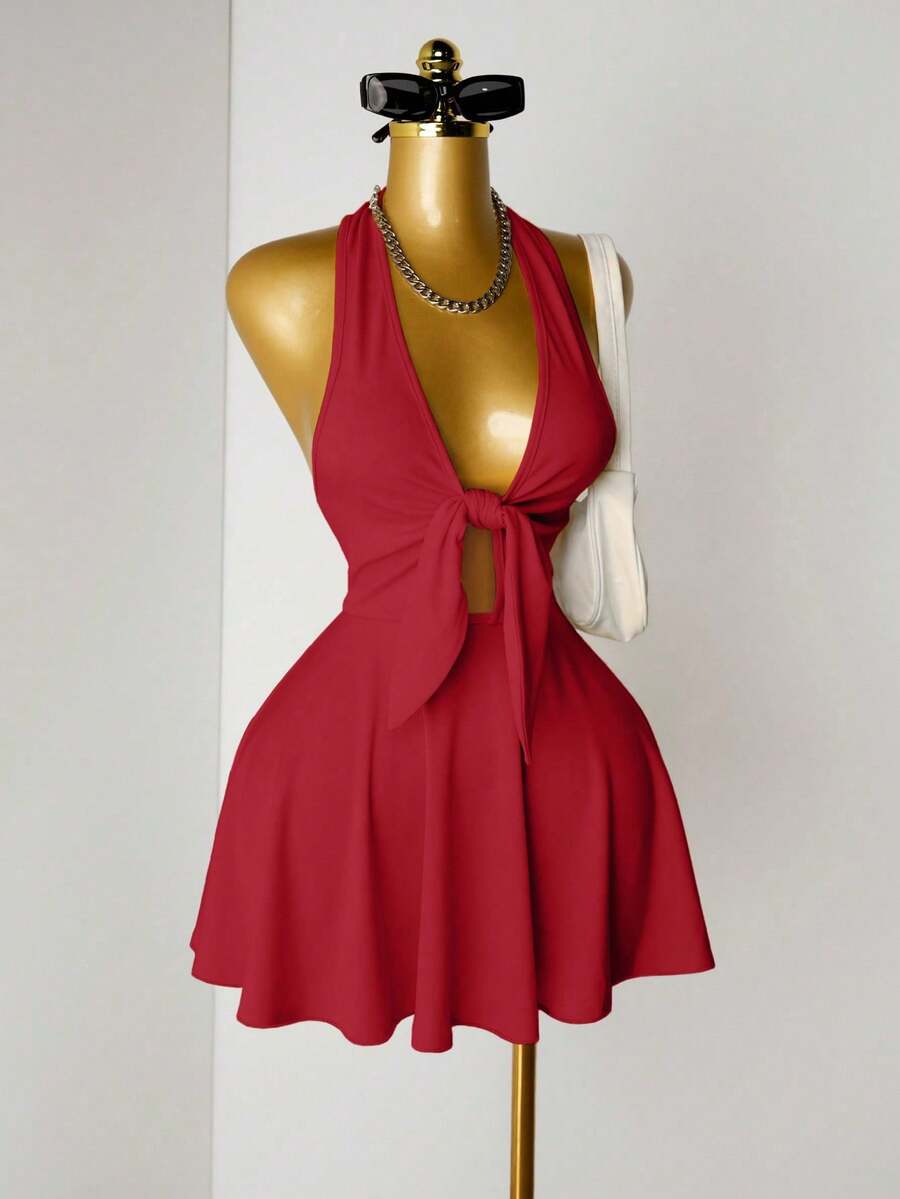 Mistrie 女士性感露背挂脖迷你连衣裙，夏季 - 酒紅色 - 查看 1