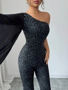 Elenzga 1 件女式不对称波尔卡圆点闪光喇叭袖连体裤，派对装 - 黑色 - 查看 6