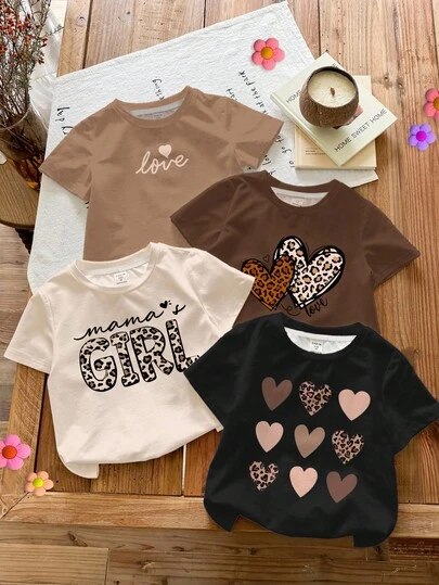 SHEIN 4 piezas Camisetas de manga corta de cuello redondo con estampado de corazón "Niña de mamá" de leopardo vintage en color crema blanco, estilo minimalista casual para niña, adecuado para primavera/verano
