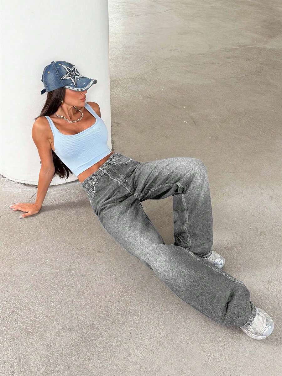 SHEIN 100%Cotton Straight Leg Jeans Dark Wash - Grey - View 1