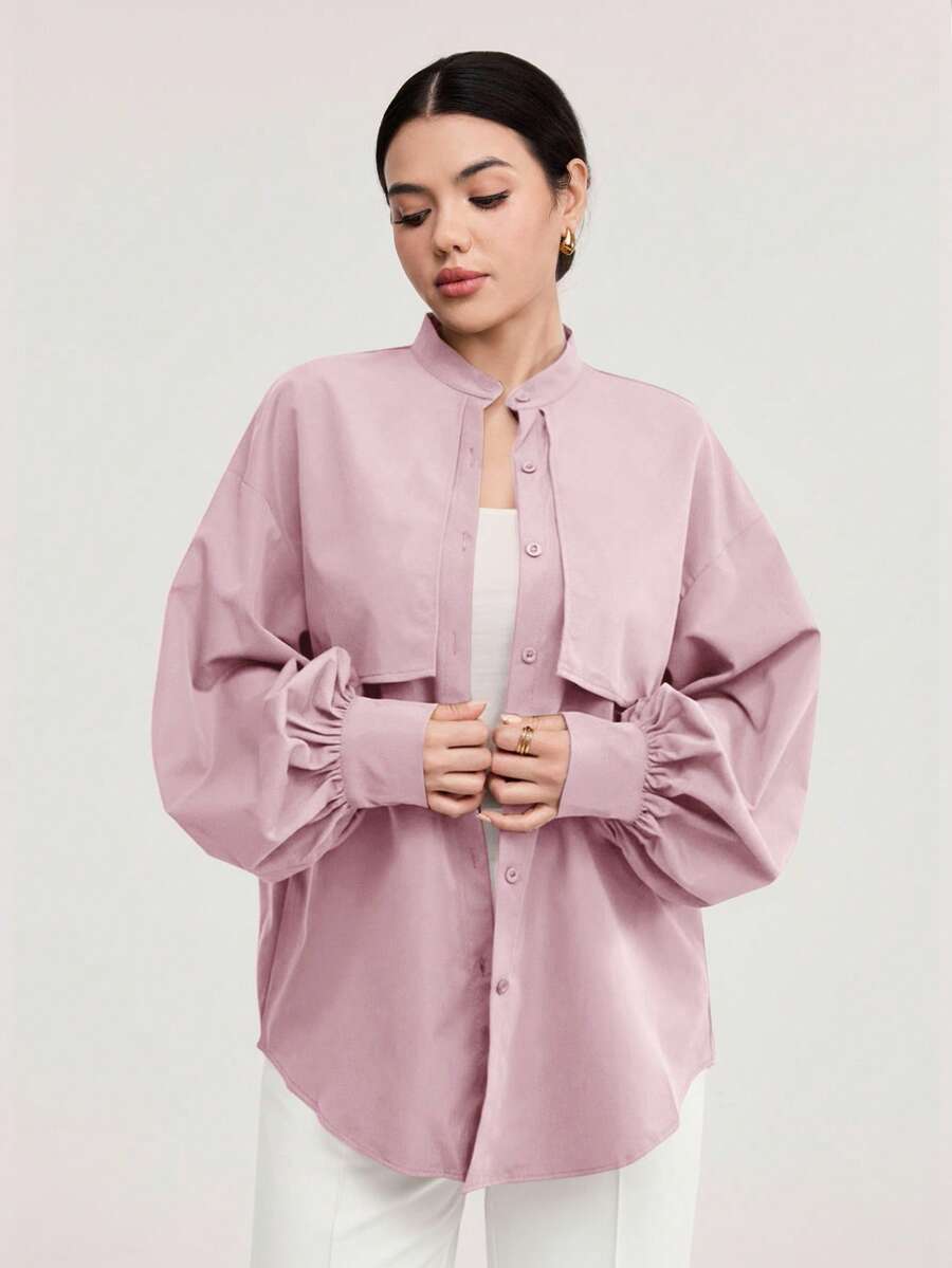 Veilorie 女式纯色落肩灯笼袖单排扣休闲衬衫 - 粉色 - 查看 1