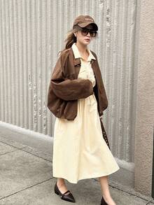 Women's Retro American Street Style Suede Zip-Up Collar Loose Casual Versatile Jacket - Coffee Brown - View 7