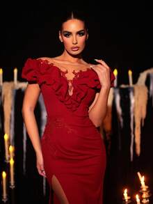 Glamrae 优雅奢华刺绣蕾丝拼布弹力针织透明网眼袖性感开衩鱼尾连衣裙，适合婚礼、派对、度假、庆典、正式活动（大量装饰） - 紅色 - 查看 3