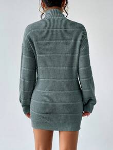 RosyDaze Váy len dệt kim họa tiết cổ cao tay dài trễ vai màu trơn dành cho nữ, mùa thu/đông - Xám - Xem 2