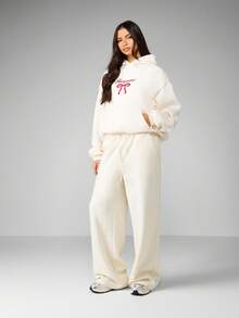 MISSGUIDED Oversized Fleece Hoodie With Bow Logo Embroidery Drawstring Winter Casual Loungewear Sweatshirt For Leisure Daily Comfort - Beige - View 5