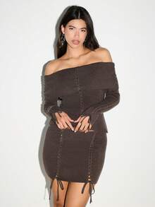 KIZN Lace Up Ribbed Knit Mini Skirt Off Shoulder Bodycon Long Sleeve Winter Evening Party Club Dress Chocolate Brown Whipstitch Detail - Coffee Brown - View 1