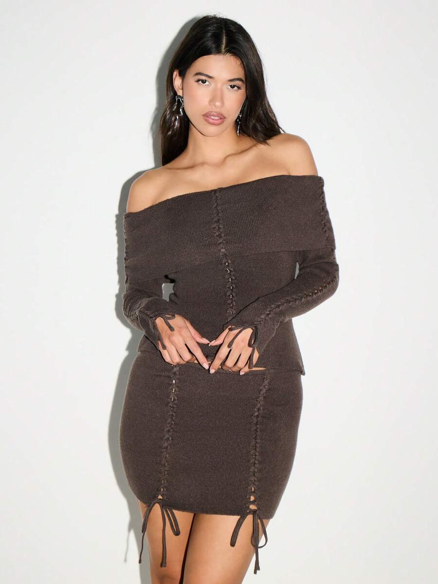 KIZN Lace Up Ribbed Knit Mini Skirt Off Shoulder Bodycon Long Sleeve Winter Evening Party Club Dress Chocolate Brown Whipstitch Detail - Coffee Brown - View 1