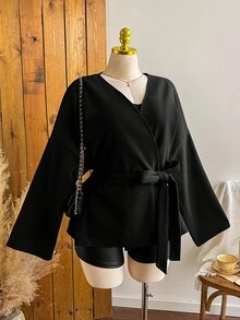 SHEIN EZwear Plus Size Solid Color Lace-Up Slim Casual Woolen Coat Black Wrap Jacket Winter Fall Autumn - Black - View 4