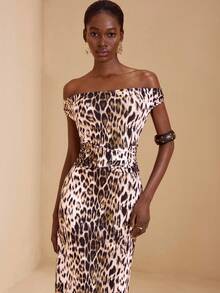 JIAN LASALA Vestido ajustado con hombros descubiertos, cintura fruncida y lazo, con estampado de leopardo en todo el vestido. Vestido de leopardo, vestido midi con estampado animal, colección de ropa de lujo y elegante con gráficos - Multicolor - Ver 5