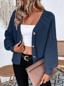 EMERY ROSE Raglan Sleeve Textured Knit Cardigan Button Up Cardigangreen Cardiganchunky Cardigan - Navy Blue - View 6