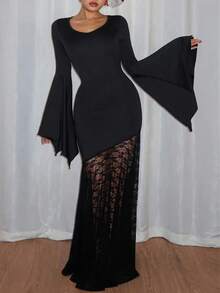 Rafferiza Crew Neck Flare Sleeve Waist Cinched Contrast Lace Sexy Slim Fit Halloween Party Dress For Women - Black - View 2