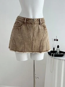 Elamini Women's Casual Washed Frayed Denim Mini Skirt - Khaki - View 1