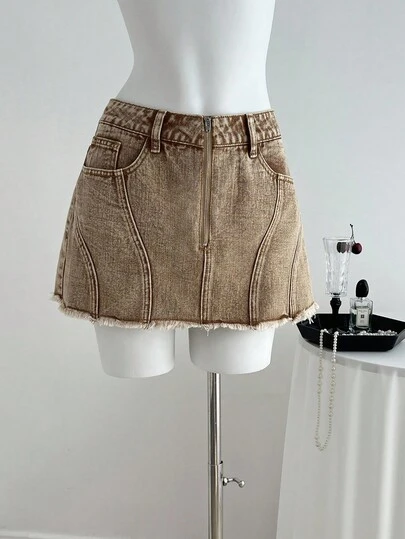 Elamini Women's Casual Washed Frayed Denim Mini Skirt