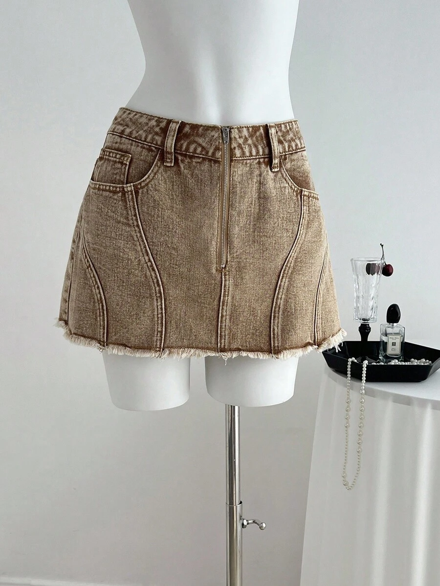 Elamini Women's Casual Washed Frayed Denim Mini Skirt - Khaki - View 1