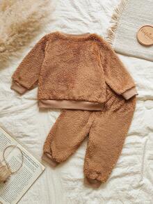 Vintaside Kids Bộ đồ bé trai thu đông màu nâu dễ thương thêu hình hươu 3D tai nhung cổ tròn dài tay kèm quần dài phù hợp, thích hợp cho các buổi đi chơi, ở nhà, giải trí, chụp ảnh, tụ tập - màu nâu - Xem 2