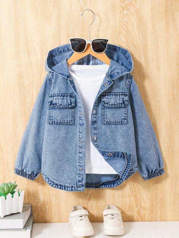 Chaqueta con capucha de manga larga de mezclilla lavada en azul claro para niños pequeños, camisa de mezclilla tipo exterior para niños, ligera, suave y cómoda, adecuada para la escuela, festivales, salidas casuales y uso en el hogar/al aire libre