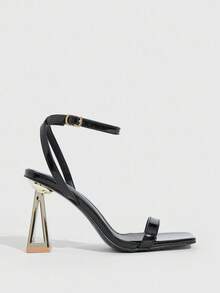 CUCCOO SZL 黑色方头粗跟带女式高跟凉鞋，性感派对宴会百搭凉鞋 - 黑色 - 查看 4