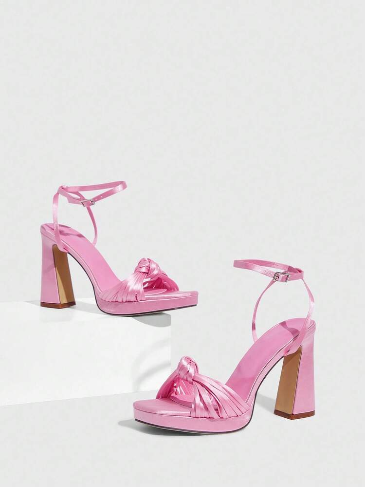 CUCCOO SZL Women's Summer New Sexy Pink Woven Twist Knot Square Toe Chunky High Heel Sandals, Fashion Style For Evening Party Formal Dress