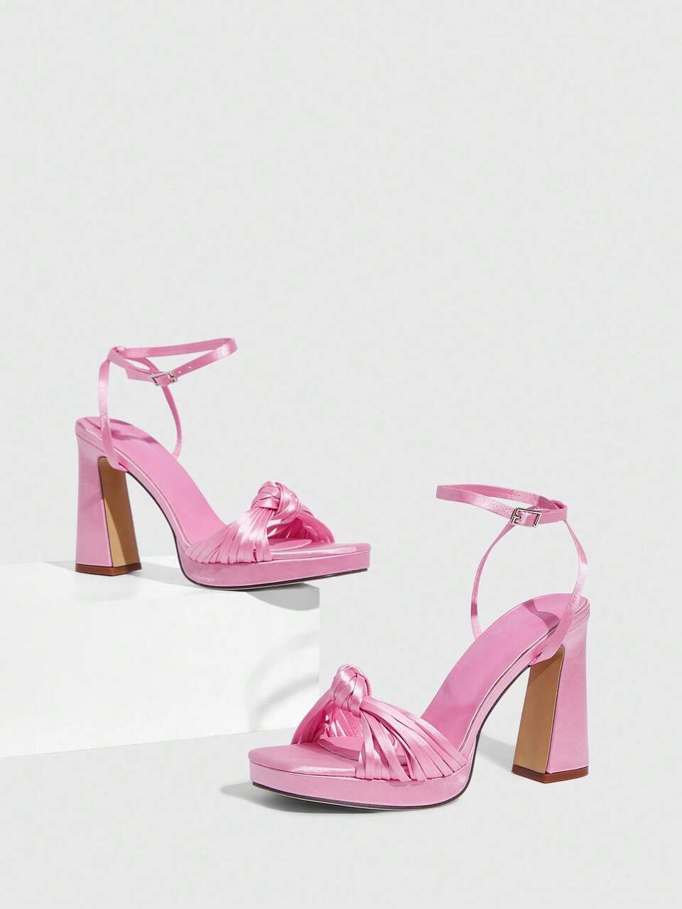 CUCCOO SZL Women's Summer New Sexy Pink Woven Twist Knot Square Toe Chunky High Heel Sandals, Fashion Style For Evening Party Formal Dress