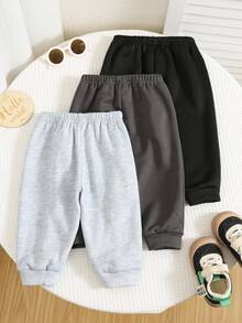 SHEIN 3 件套男婴/女婴黑色、白色、深灰色字母印花休闲运动慢跑裤套装，买 1 送 2