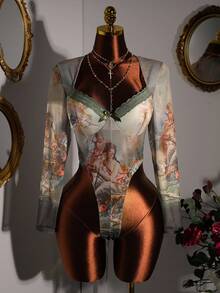 Amplova Y2K Retro Romance Plus Size Women Elegant Vintage Figure Print Bodysuit See Through Top See Through Shirt Vintage Clothes - Multicolor - View 1