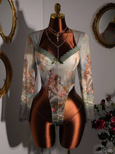 Amplova Y2K Retro Romance Plus Size Women Elegant Vintage Figure Print Bodysuit See Through Top See Through Shirt Vintage Clothes