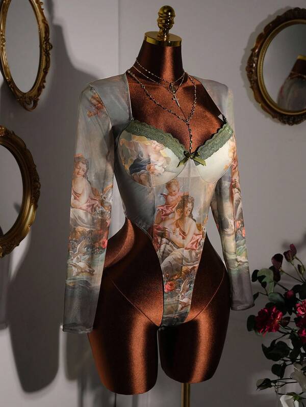 Amplova Y2K Retro Romance Plus Size Women Elegant Vintage Figure Print Bodysuit See Through Top See Through Shirt Vintage Clothes