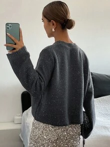 Livesso 女式休闲亮片圆领毛衣，秋季 - 深灰色 - 查看 2