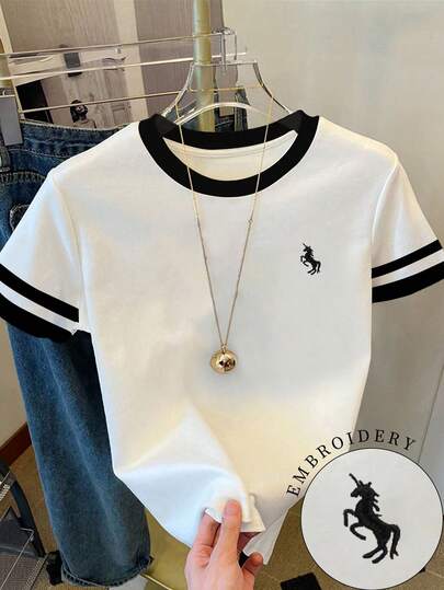 Resyla Women's T-Shirt/Unicorn Pattern Print/Embroidery Craft/Women's Loose Casual Contrast Color Round Neck T-Shirt Top/Fashion Sweatshirt/Spring And Summer