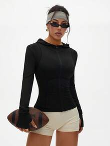 Dewbera Casual Solid Color Hooded Sports Jacket - Black - View 5