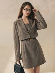 Cévolie 女士时尚纯色两件套：羊毛混纺长袖夹克和修身无袖连衣裙 - 棕色 - 查看 5