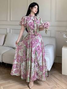 Modelyn 女式荷叶边领口系带泡泡袖喇叭下摆连衣裙 - 彩色 - 查看 6