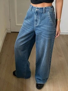 DAZY Women's Distressed Washed Rivet Decor Straight Leg Casual Jeans, Street Style, Autumn/Winter