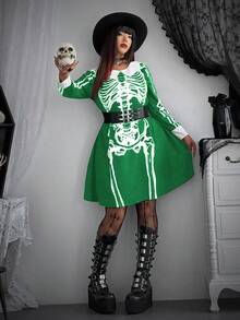 Whyspr Plus Size Halloween Cosplay Dark Punk Goth Wednesday Skeleton Collar Vintage Cute Short Dress - Army Green - View 4