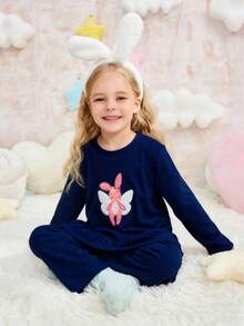 مجموعة بيجاما كاجوال من قطعتين (ملابس علوية كم طويل وبنطلون) مطرزة برسم أرنب بتصميم بسيط للفتيات، باللون الأزرق الفاتح