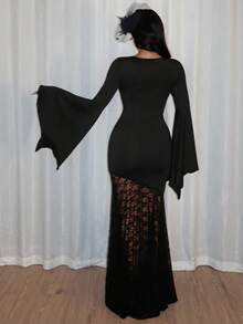 Rafferiza Crew Neck Flare Sleeve Waist Cinched Contrast Lace Sexy Slim Fit Halloween Party Dress For Women - Black - View 3