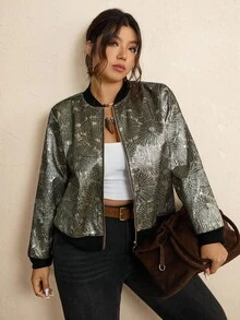 SHEIN LUNE 大码女式优雅通勤提花拉链夹克圣诞节圣诞新年感恩节派对奢华秋冬女装 - 金色 - 查看 8