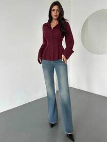 Firerie Women's Casual Elegant Waist-Cinched Brown Long-Sleeved Shirt, Suitable For Daily Commuting, Business Negotiations, Work Uniforms, Teacher Outfits/Fall Women Clothes/Fall Tops/Tops For School/Back To School Outfits Women/Teacher Shirts/Going Out Tops/Business Casual Woman,Red Top - Burgundy - View 6